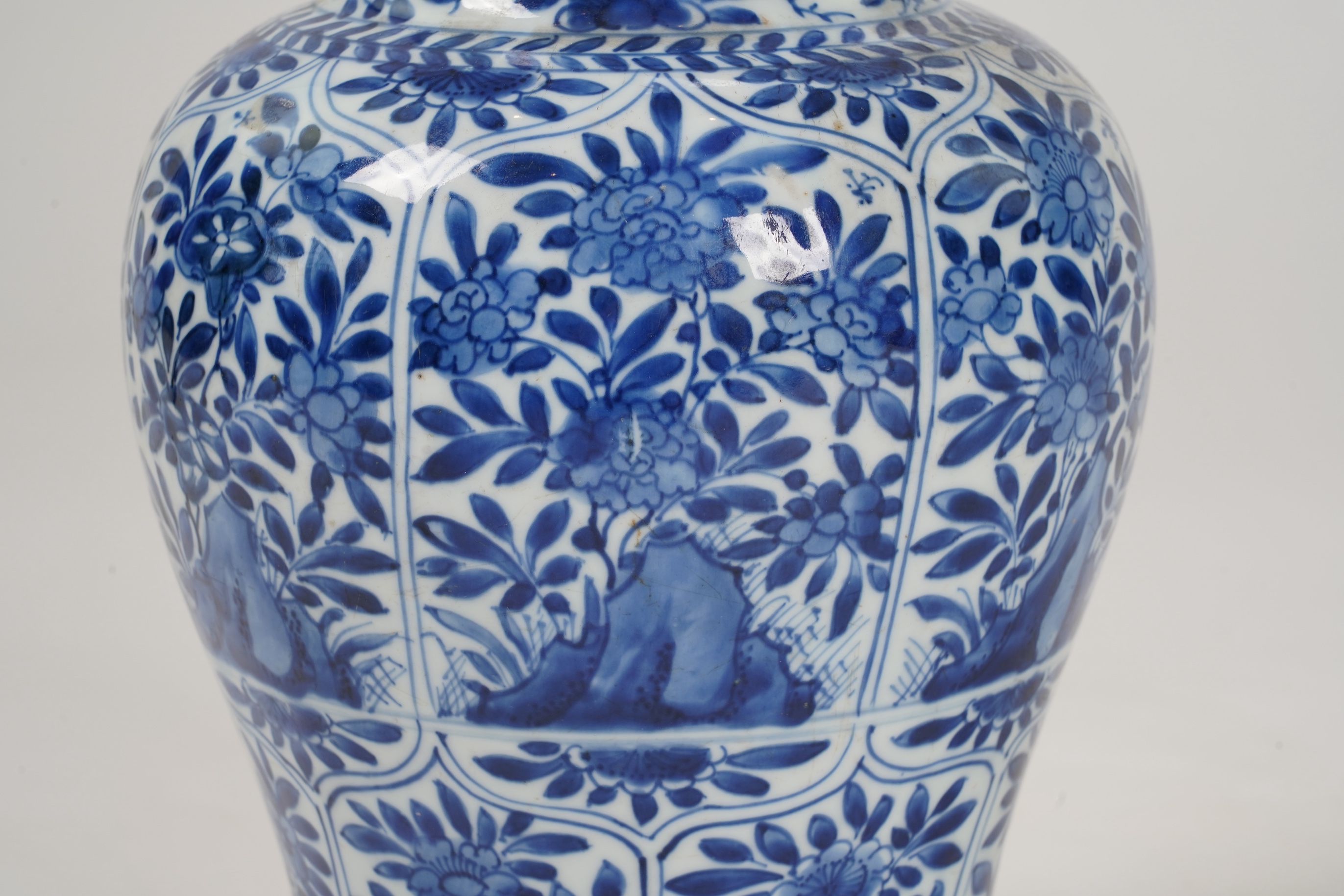 A Chinese blue and white ‘panelled flowers’ baluster vase, Kangxi period (1662-1722)